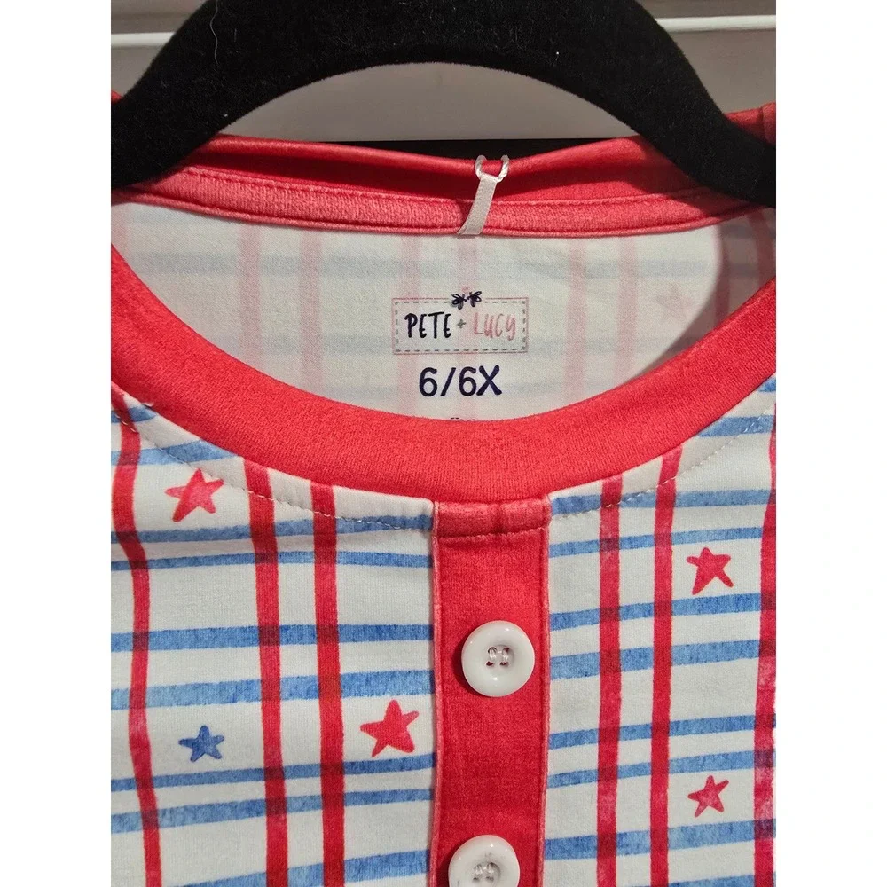 Pete + Lucy Kids Red White Blue Plaid Star Henley Shirt Patriotic 4th July 6/6X